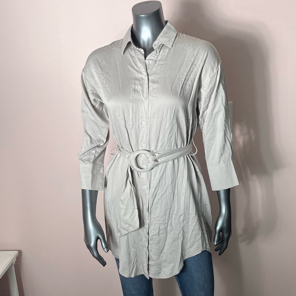 NWT SHEIN Tie Waist Long Sleeve Collared Shirt Dress Silver Size XS